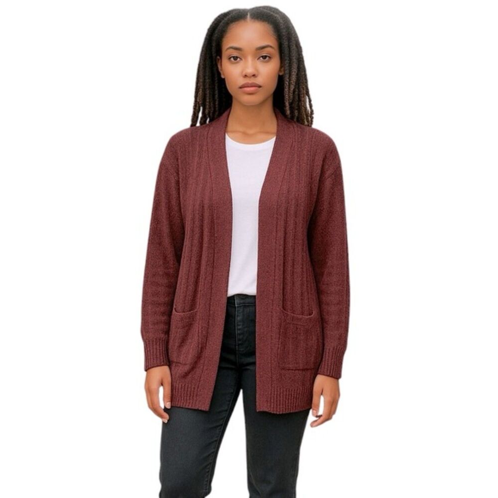 Michael Kors Open Front Chenille Cardigan XS Burgundy Cozy Fall Winter Sweater